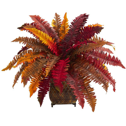 18 Autumn Boston Fern Artificial Plant In Metal Planter 8539 By Nearly Natural