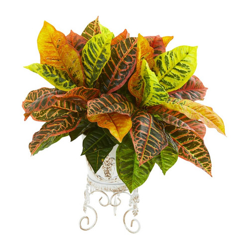 19 Croton Artificial Plant In White Planter Real Touch 8554 By Nearly Natural