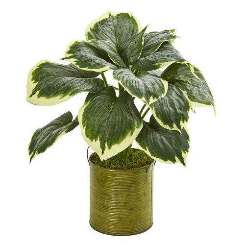 23 Variegated Hosta Artificial Plant In Metal Planter 8572 By Nearly Natural