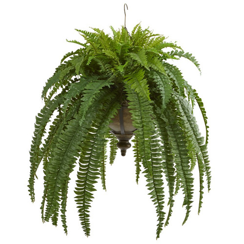 39 Boston Fern Artificial Plant In Metal Hanging Bowl 8607 By Nearly Natural