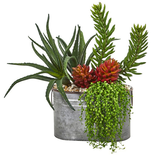 22 Mixed Succulent Garden Artificial Plant In Metal Planter 8665 By Nearly Natural