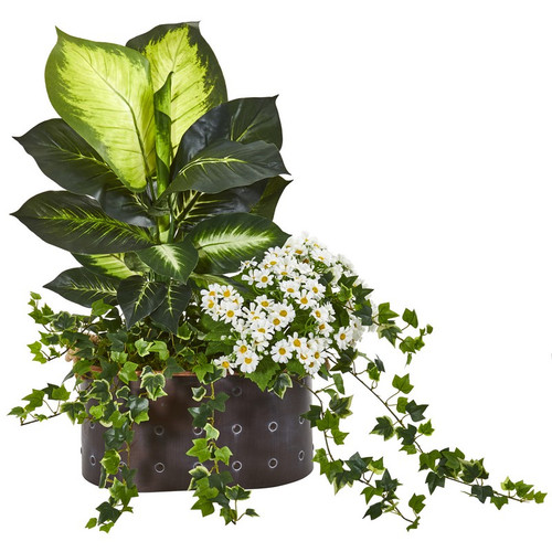 29 Golden Dieffenbachia Ivy And Daisy Plant In Planter 8666 By Nearly Natural