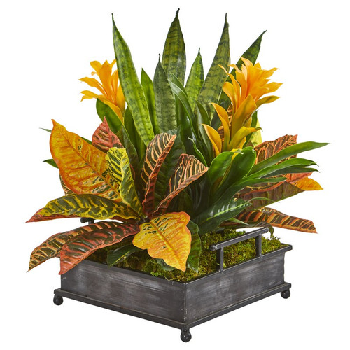 18 Bromeliad Croton And Sansevieria Plant In Tray 8674 By Nearly Natural