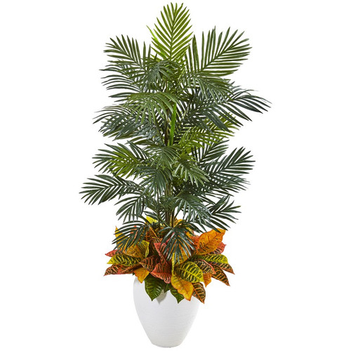56 Areca Palm And Croton Artificial Plant In White Planter 8690 By Nearly Natural
