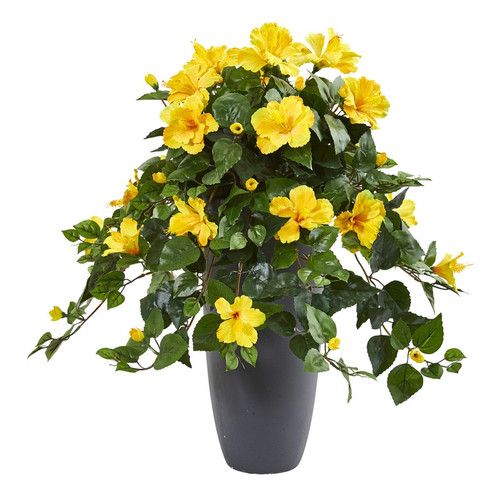 28 Hibiscus Artificial Plant In Gray Planter 8693 By Nearly Natural