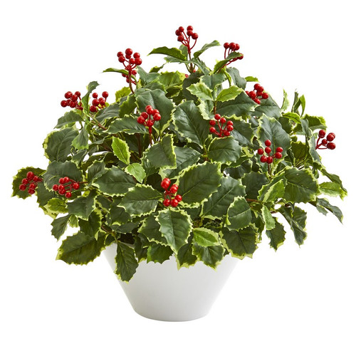 22 Variegated Holly Leaf Plant In White Vase Real Touch 8696 By Nearly Natural