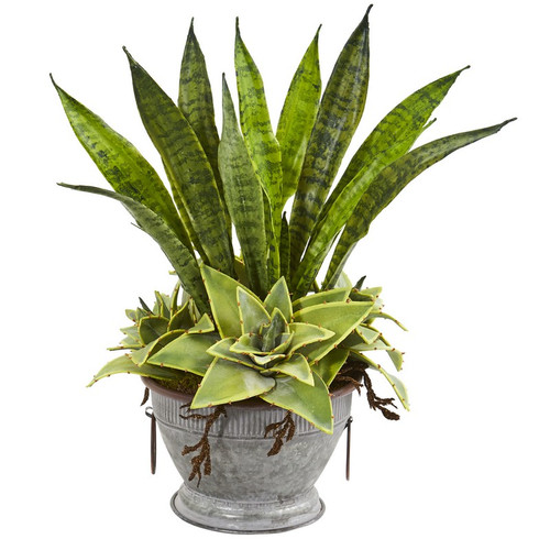 19 Sansevieria And Succulent Artificial Plant In Metal Bowl 8735 By Nearly Natural