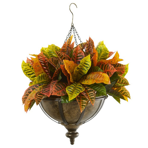 26 Garden Croton Plant In Hanging Metal Bowl Real Touch 8753 By Nearly Natural