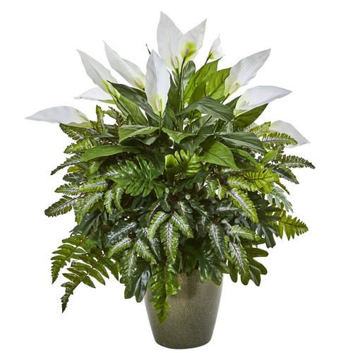 31 Mixed Spathiphyllum Artificial Plant In Green Planter 8755 By Nearly Natural