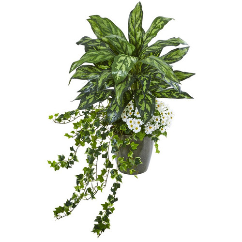 35 Silver King Ivy And Daisy Plant In Decorative Planter 8758 By Nearly Natural