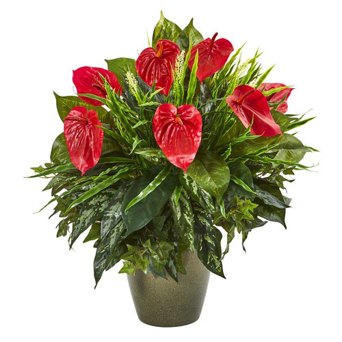 26 Mixed Anthurium Artificial Plant In Green Planter 8761 By Nearly Natural