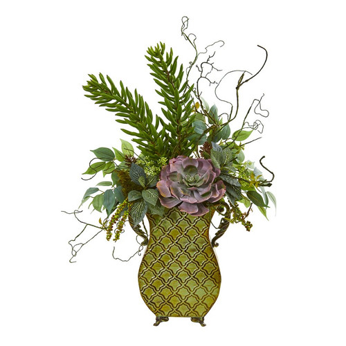 27 Succulent And Greens Artificial Plant In Metal Planter 8787 By Nearly Natural