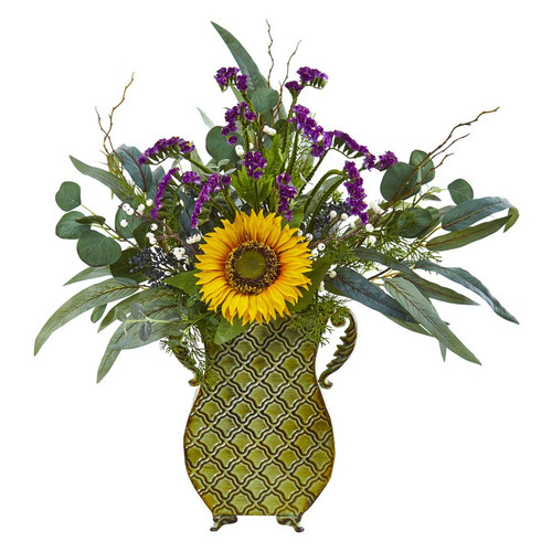 25 Sunflower Eucalyptus And Berries Plant In Metal Planter 8789 By Nearly Natural