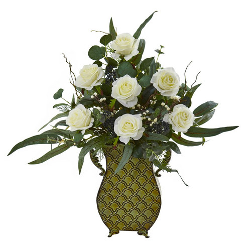 27 Rose And Eucalyptus Artificial Plant In Metal Planter 8791 By Nearly Natural