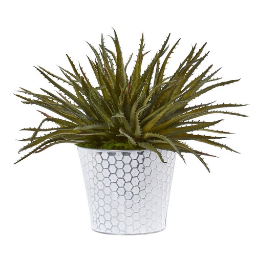 13 Aloe Artificial Plant In White Embossed Planter 8896 By Nearly Natural