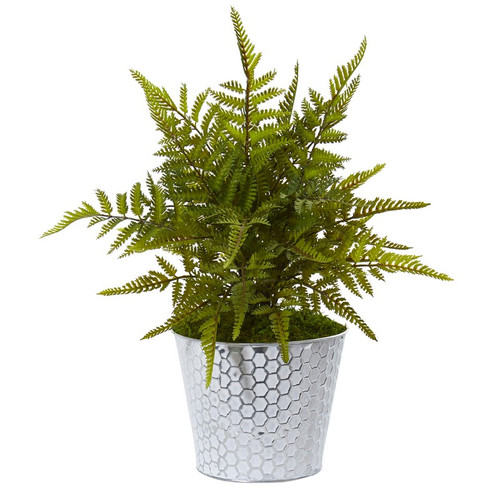 14 Fern Artificial Plant In Embossed White Tin Planter 8927 By Nearly Natural