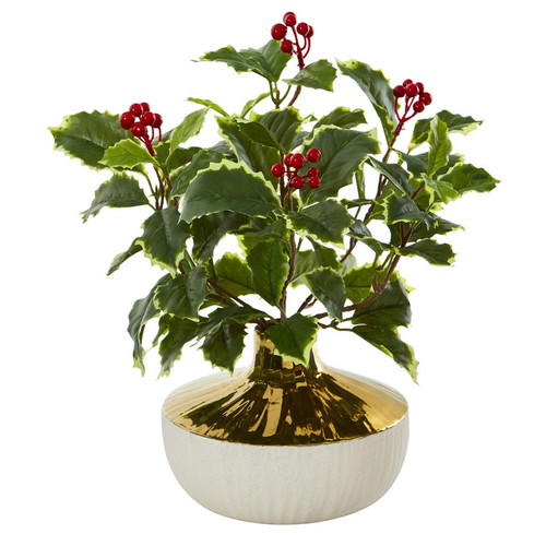 14 Holly Leaf Plant In Gold And Cream Vase Real Touch 8954 By Nearly Natural