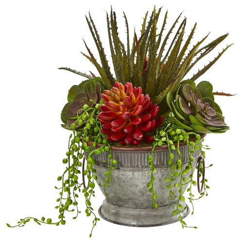 13 Mixed Succulent Artificial Plant In Vintage Metal Bowl 8971 By Nearly Natural