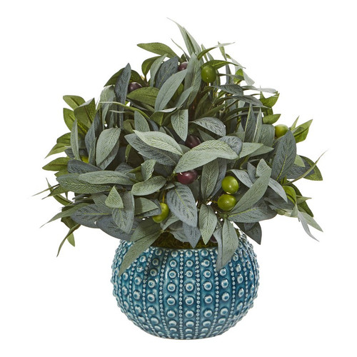11 Olive Branch Plant With Berries In Blue Planter 8986 By Nearly Natural