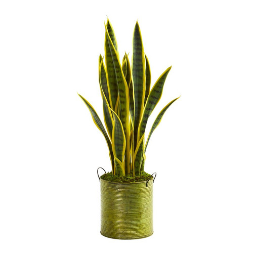 2 Sansevieria Artificial Plant In Metal Green Planter 9079 By Nearly Natural