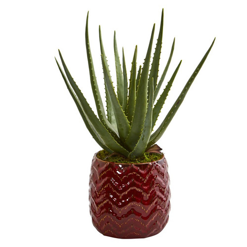 20 Aloe Artificial Plant In Red Planter 9096 By Nearly Natural