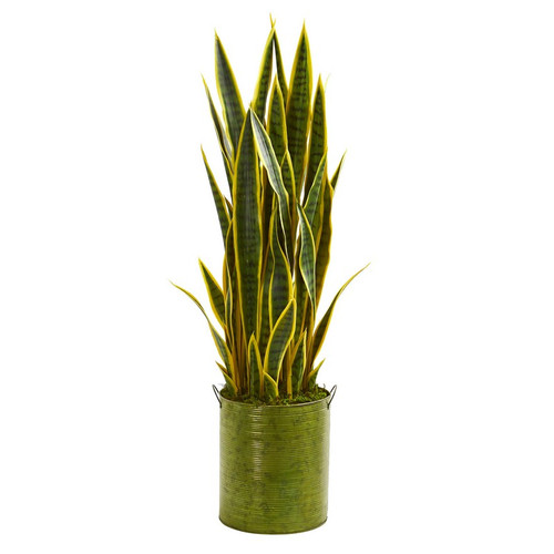 3 Sansevieria Artificial Plant In Green Metal Planter 9187 By Nearly Natural