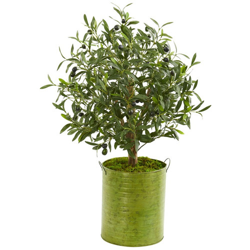 33 Olive Artificial Tree In Green Metal Planter 9222 By Nearly Natural