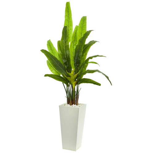 69 Travelers Palm Artificial Tree In White Tower Planter 9269 By Nearly Natural