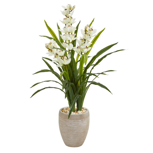 4 Cymbidium Orchid Artificial Plant In Sandstone Planter 9445 By Nearly Natural