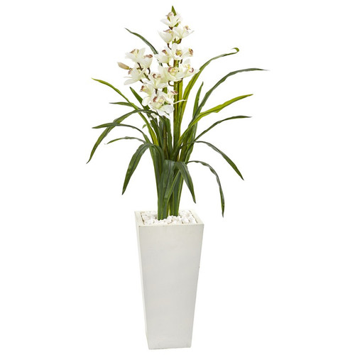 50 Cymbidium Orchid Artificial Plant In White Tower Planter 9481 By Nearly Natural