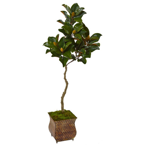 58 Magnolia Artificial Tree In Metal Planter 9656 By Nearly Natural