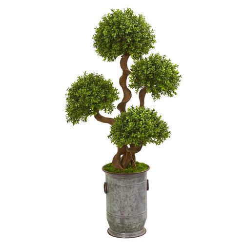 50 Triple Ball Boxwood Topiary Tree In Metal Planter 9711 By Nearly Natural