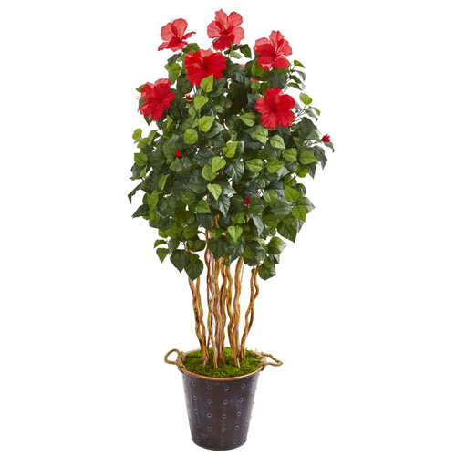 62 Hibiscus Artificial Tree In Metal Pail With Copper Rim 9715 By Nearly Natural