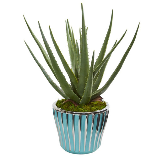 18 Aloe Artificial Plant In A Turquoise Planter 9781 By Nearly Natural