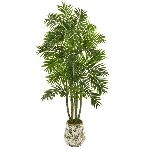 6 Areca Palm Tree In Vintage Green Floral Planter 9799 By Nearly Natural