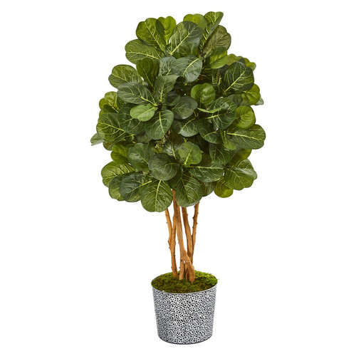 50 Fiddle Leaf Fig Tree In Tin Planter With Black Pattern 9838 By Nearly Natural