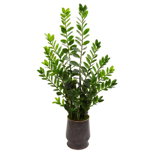 4 5 Zamioculcas Artificial Plant In Ribbed Metal Planter 9872 By Nearly Natural