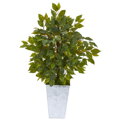 17 Mini Ficus Artificial Tree In Embossed White Planter 9916 By Nearly Natural