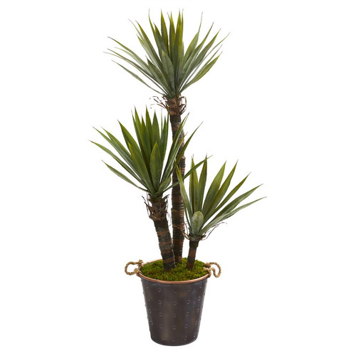 53 Yucca Artificial Tree In Decorative Metal Pail With Rope 9962 By Nearly Natural