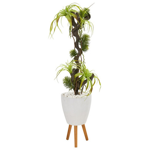55 Tillandsia Artificial Plant In White Planter With Stand 9990 By Nearly Natural