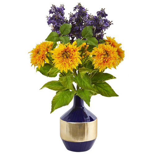 24 Sunflower And Lilac Arrangement In Blue And Gold Vase A1076 By Nearly Natural