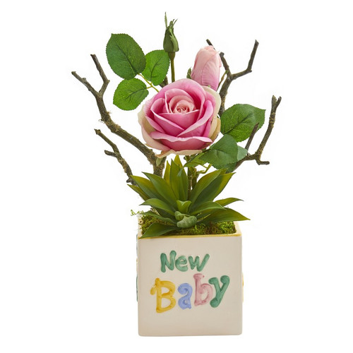 15 Rose And Agave Artificial Arrangement In New Baby Vase A1317 By Nearly Natural