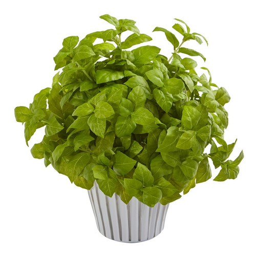 14 Basil Plant In White Planter With Silver Trimming P1225 Gr By Nearly Natural