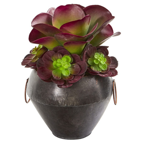 11 Echeveria And Succulent Artificial Plant In Metal Bowl P1263 By Nearly Natural