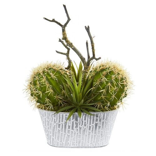 14 Cactus And Agave Succulent Plant In White Tin Planter P1281 By Nearly Natural