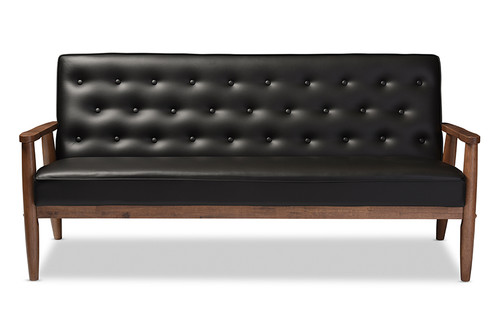 Baxton Studio Sorrento Mid Century Retro Modern Black Faux Leather Upholstered Wooden 3 Seater Sofa Bbt8013 Black Sofa By Wholesale Interiors