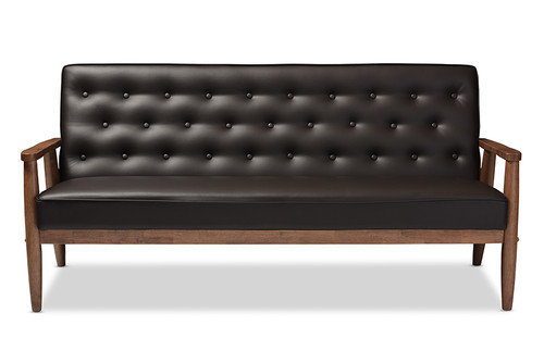 Baxton Studio Sorrento Mid Century Retro Modern Brown Faux Leather Upholstered Wooden 3 Seater Sofa Bbt8013 Brown Sofa By Wholesale Interiors
