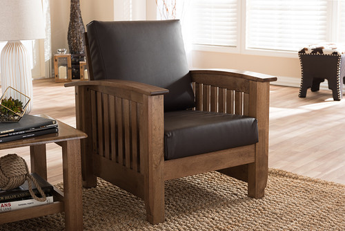 Baxton Studio Charlotte Modern Classic Mission Style Walnut Brown Wood And Dark Brown Faux Leather 1 Seater Lounge Chair Sw3513 Dark Brown Walnut M17 Cc By Wholesale Interiors