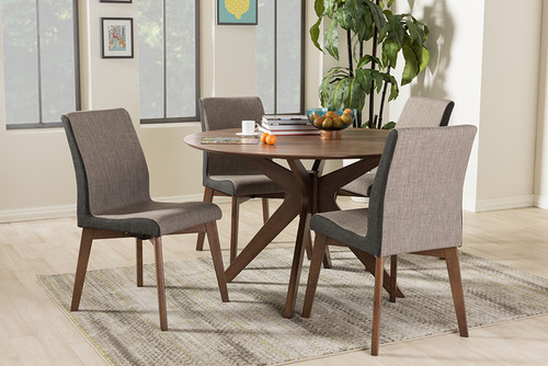Baxton Studio Kimberly Mid Century Modern Walnut Wood Round 5 Piece Dining Set Kimberly Brown Walnut 5Pc Dining Set By Wholesale Interiors