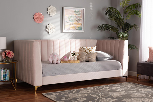 Baxton Studio Oksana Modern Contemporary Glam And Luxe Light Pink Velvet Fabric Upholstered And Gold Finished Twin Size Daybed Cf0344 Light Pink Daybed Twin By Wholesale Interiors